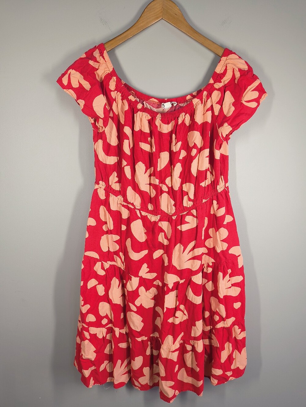Indigo Rose Red & Peach Floral Off-Shoulder Midi Summer Dress, Size XL